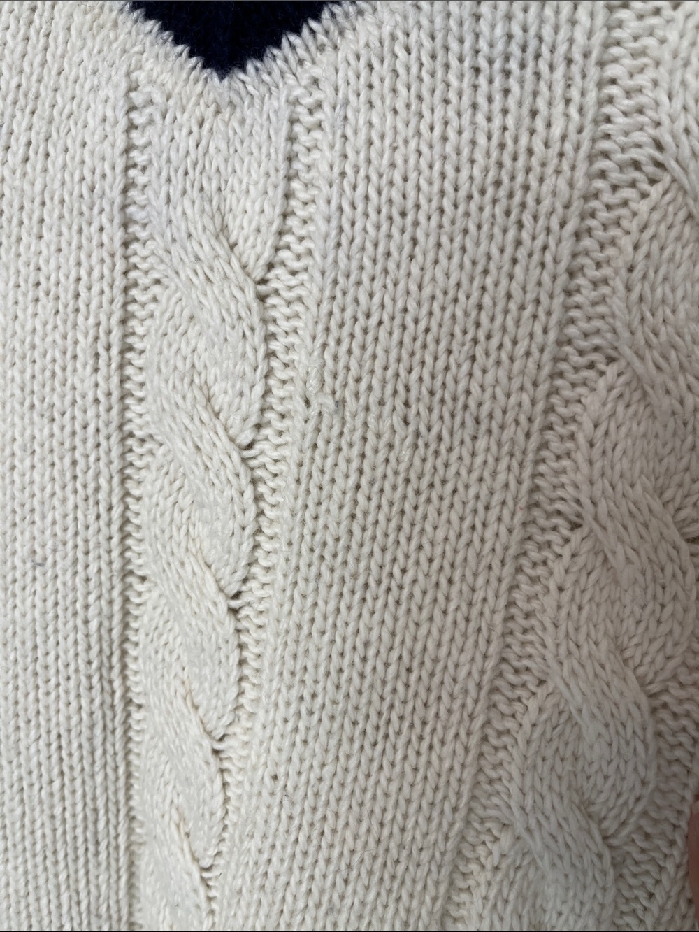 Polo by Ralph Lauren Cream Cricket Cable-Knit V-Neck Sweater with Navy & Yellow - Picture 12 of 17